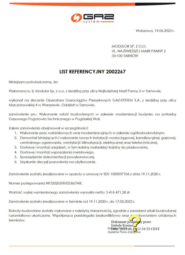 Referencje: 2023 GAZ SYSTEM bud F